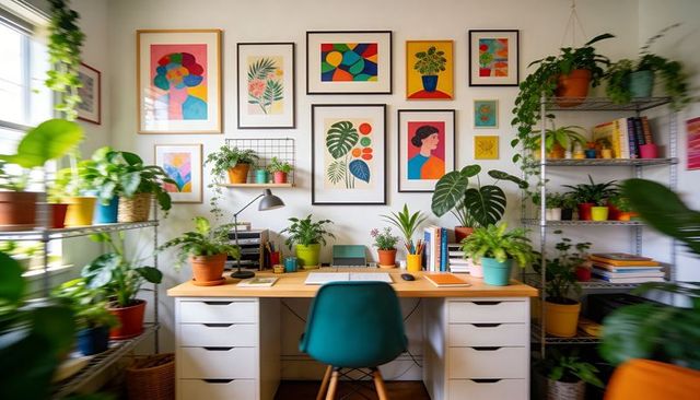 Vibrant plant-filled home office with wooden desk, teal chair and colorful botanical art