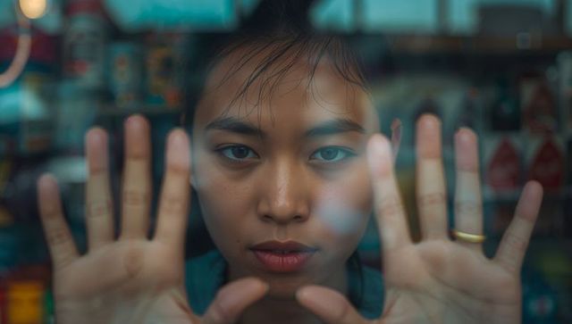 Young woman pressing hands to storefront glass with reflections, intense closeup portrait