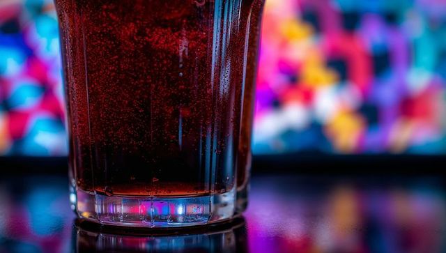 Backlit cola tumbler closeup with rising bubbles and vivid colorful bokeh reflection