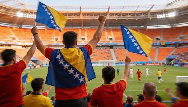 Bosnia fans celebrating and waving flags at football match, cheering in stadium crowd