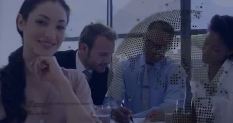 Business Team Collaborating in Sunlit Boardroom with Global Data Overlay, Signing Documents
