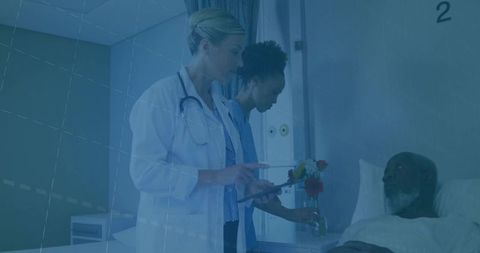 Doctor Reviews Patient Data While Nurse Arranges Flowers in Hospital Room