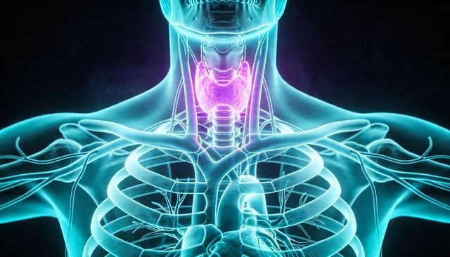 3d medical illustration highlighting thyroid gland in anterior neck and upper thorax