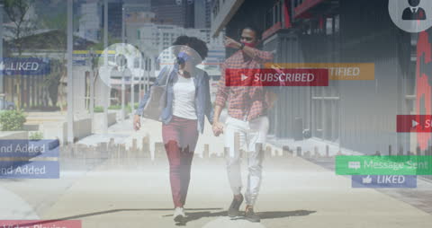 Interracial Couple Walking with Social Media Overlay Graphics