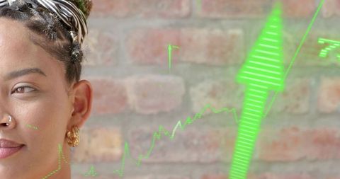 Young woman with braids and nose ring watching green financial analytics overlay