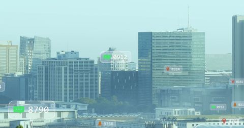 Digital data streams over modern urban skyline