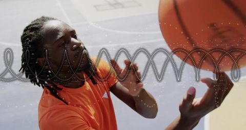 Catching basketball on outdoor court with motion wave overlay, urban athlete action