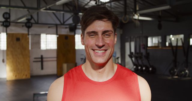 Confident Man Smiling in Gym Wearing Red Tank Top - Download Free Stock Images Pikwizard.com