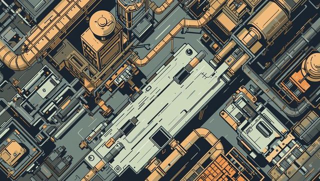 Isometric industrial plant showing diagonal service platform with pipes and tanks