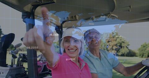 Joyful golfers enjoying exciting outdoor activity on fairway