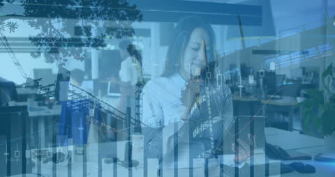 Technology Overlay Woman on Phone with Data Processing and Coding Graphics