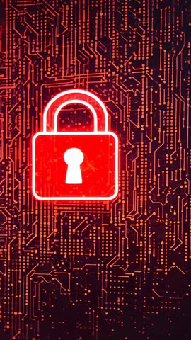 Vertical cybersecurity video fading red neon padlock glowing and zooming across circuitry