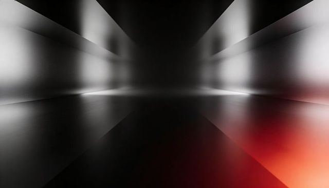 Futuristic dark corridor with vanishing point, shiny floor, red glow and geometric panel