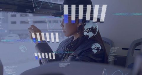 Asian woman scanning holographic data on smartphone inside urban commuter vehicle cabin