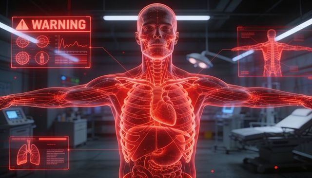 Displaying holographic human anatomy with warning overlay and ecg in surgical suite