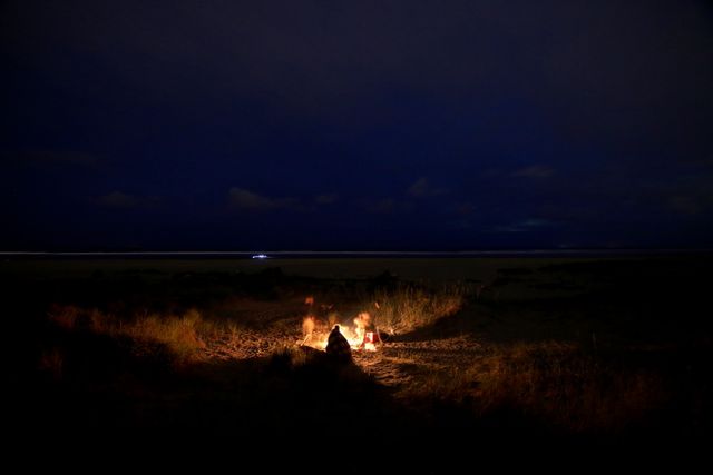 Group of people sitting around a campfire on the beach at night under a dark sky. Beach and ocean barely visible in the background lit by distant light. Useful for themes of outdoor activities, bonding, travel, camping, night-time adventures, and nature experiences.