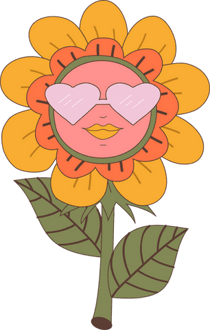 Whimsical flower face with heart sunglasses on transparent background