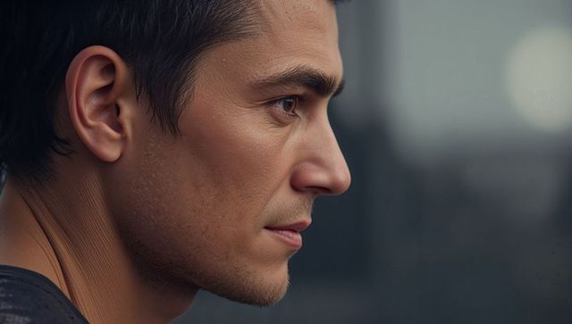 Gazing Young Man on Rooftop Terrace at Dusk Pensive Urban Portrait with Bokeh