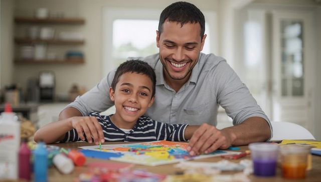 Father and son crafting creative collage together at home