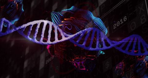 Neon DNA Double Helix Over Digital Data and Neural Waves Futuristic Genomics Visualization