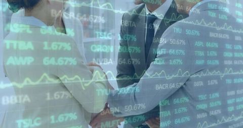 Executives shaking hands over financial charts and stock ticker negotiating corporate deal