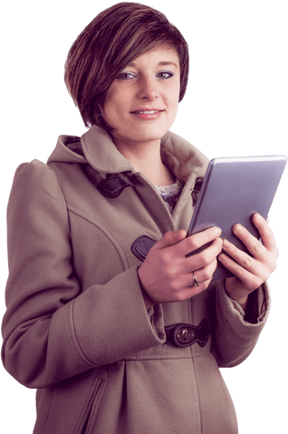Confident Woman in Winter Coat Using Digital Tablet on Transparent Background