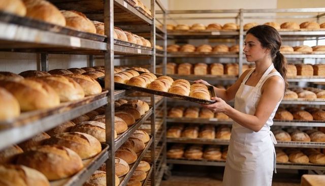 Female Baker Placing Fresh Loaves on Industrial Racks Showcasing Artisan Bread Production