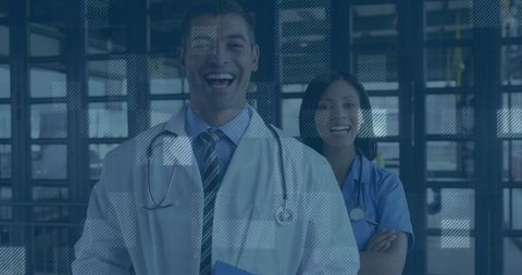 Friendly Doctor and Nurse Team in Modern Hospital Corridor