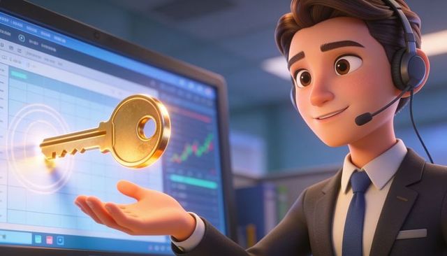 Financial advisor presenting golden key with stock charts 3d business success concept
