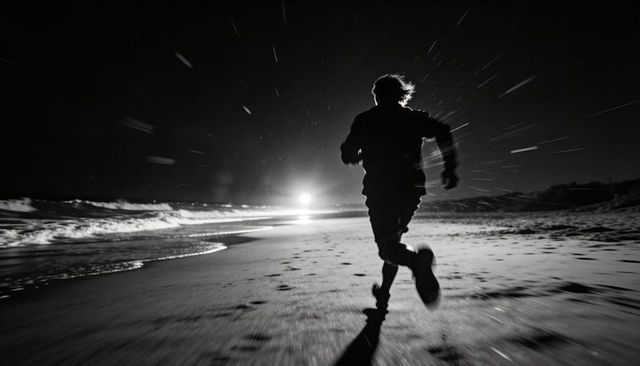 Sprinting silhouette on moonlit beach with dramatic backlight and motion blur