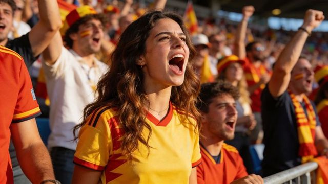 Cheering female fan shouting and raising arms in vibrant sunlit football stadium crowd
