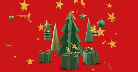 Festive Christmas Trees and Gifts on Vibrant Red