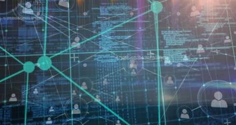 Visual represents digital global communication with data processing illustrations. Ideal for use in presentations and articles related to technology, cybersecurity, or network dynamics. Highlights interconnectedness through visual depiction of nodes and profile icons.