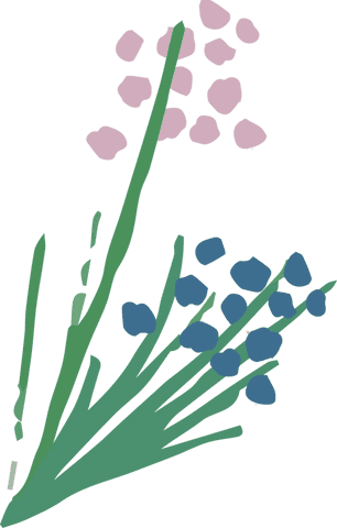 Transparent abstract floral illustration with pink and blue blooms