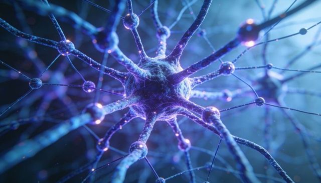 Neural Network Connecting and Transmitting Signals Through Glowing Synapses Microscopic 3D