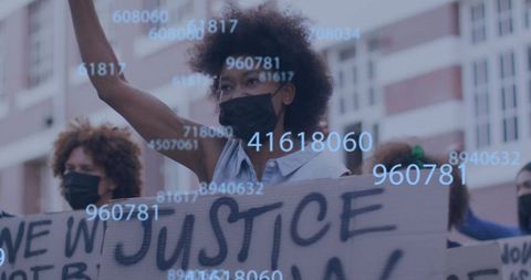 Diverse Protesters Wearing Masks With Overlaying Numbers