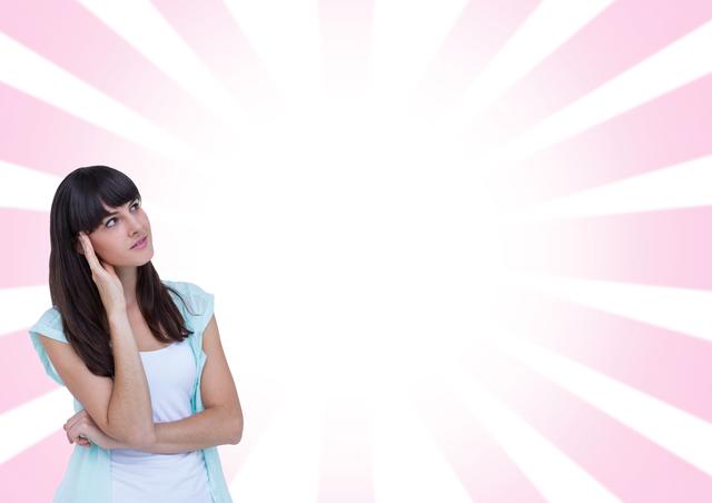 Digital composite of Woman thinking against radial background