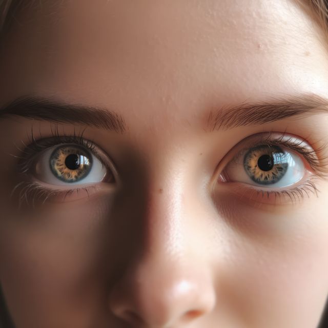 Close up of woman's eyes with patterned pupils, created using generative ai technology. Human eye, colour and pattern concept digitally generated image.
