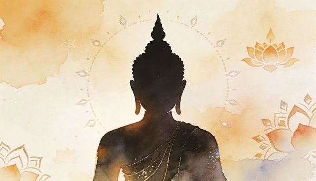 Meditative buddha silhouette with watercolor halo and gold lotus mandala