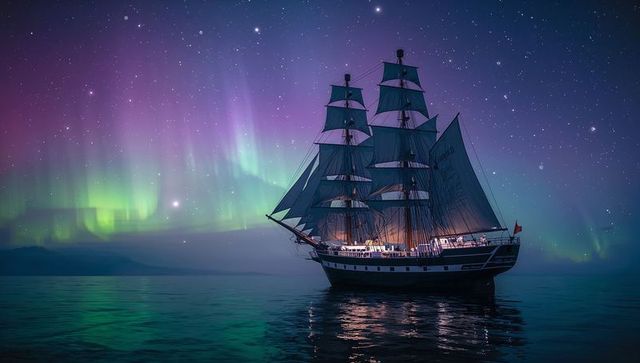 Majestic ship sailing under stunning aurora borealis night sky
