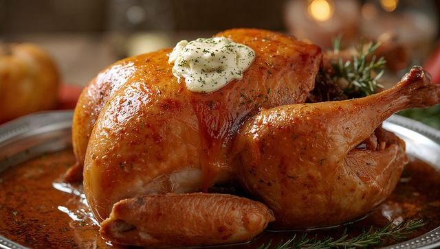 Golden roasted whole chicken glazing with melting herb butter and crispy skin