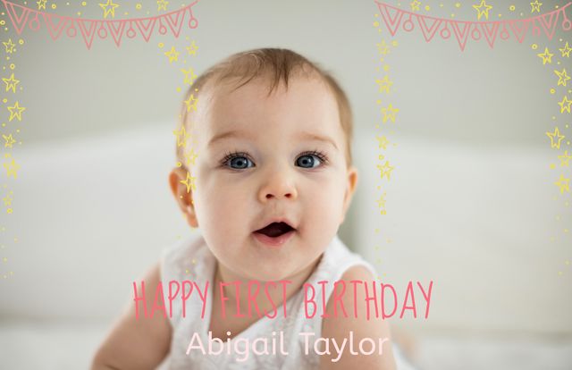 Ideal for creating personalized baby birthday invitations. Features a joyful baby perfect for milestone celebrations. The playful text and star decorations frame the baby, enhancing the celebratory feel.