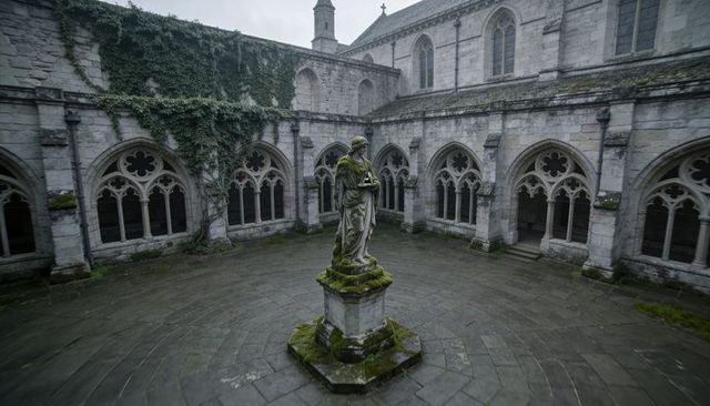 Standing robed statue in moss-covered gothic cloister courtyard with arched arcade