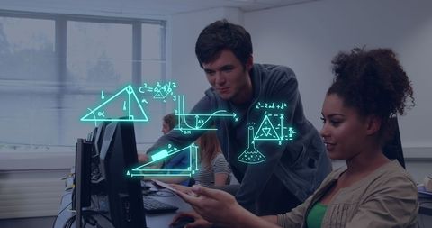 Diverse students engaging in digital learning with math equations