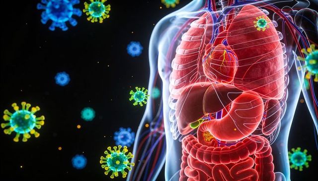 3d translucent torso revealing lungs heart digestive system with floating virus particles