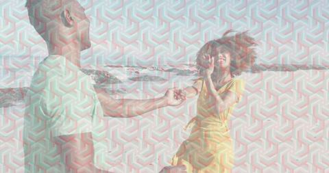 Beach proposal with joyful couple in golden sundress