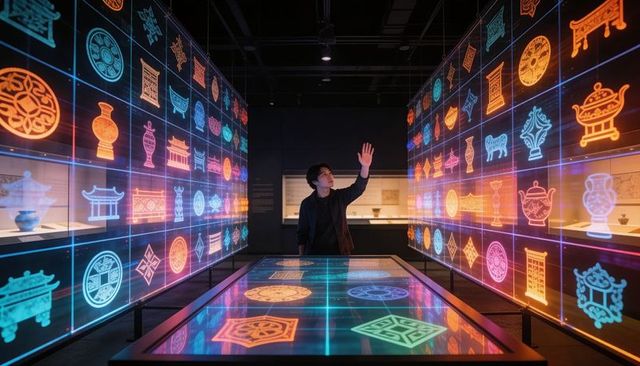 Visitor Exploring Neon Interactive Museum Gallery with Digital Artifact Projections