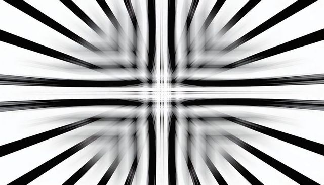 Converging monochrome cross with bold radial stripes creating high-contrast optical burst