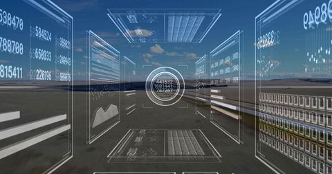 Holographic Interface Displaying Data Over Desolate Landscape