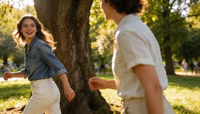 Backlit friends laughing in sunlit park at golden hour, woman turning toward companion